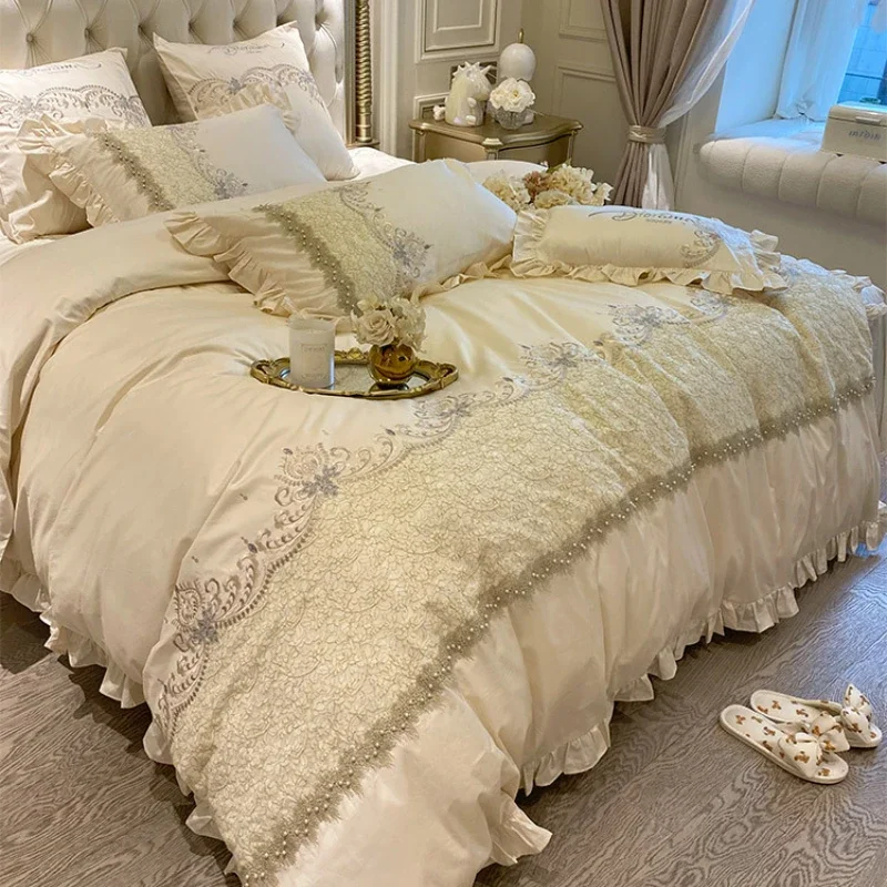 

European-Style Luxury High-End 100 Cotton Four-Piece Set Exquisite Lace Embroidery Cotton Quilt Cover Bed Sheet Bedding