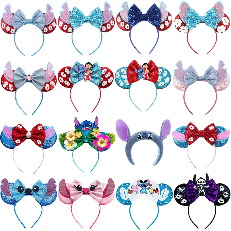 Cute Lilo & Stitch Hair Bands for Girls Anime Leaves Ears Headband Kids Disney Angel Hair Accessories Women Sequins Bow Headwear disney lilo