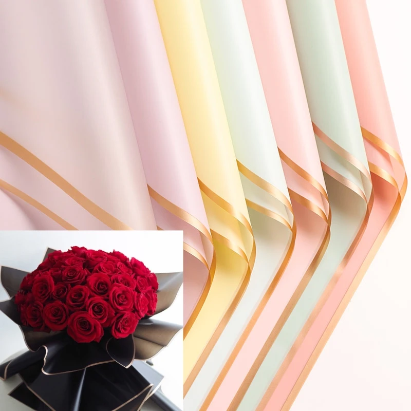 

40pcs/pack Flower Wrapping Paper Golden Border Rose Korean Style Half Transparent Gift Packing Florist Bouquet Wrapping Material