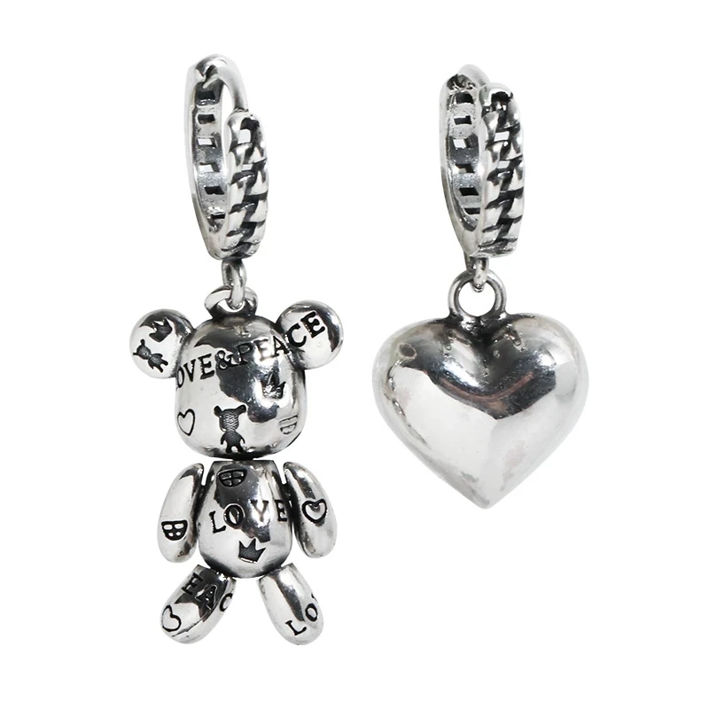 Women Earrings Vintage Letter Little Bear Love Heart Asymmetric Hoop Earrings Korean Geometric Metal Earring