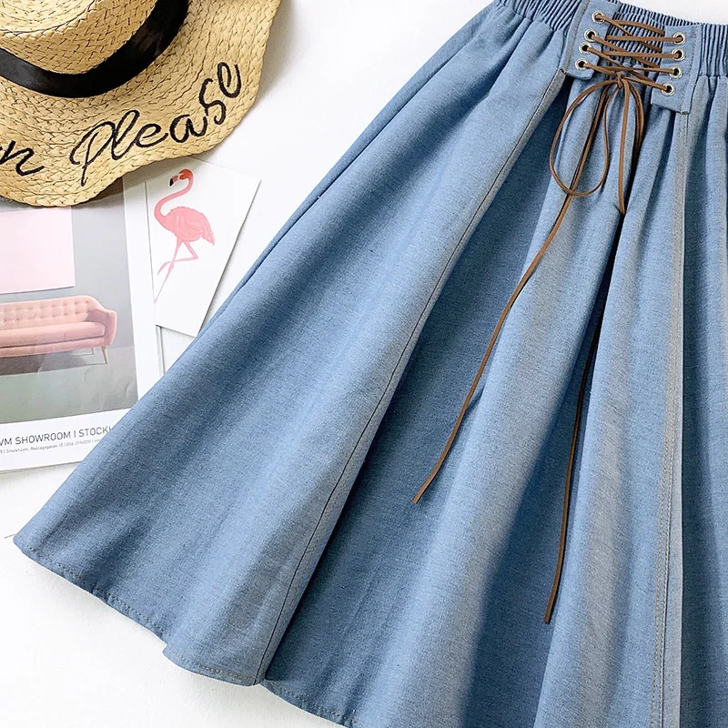 PEONFLY Autumn Winter Fashion Women Skirt Solid Color Lace-up High Waist Denim Skirt Retro Pleated Midi Denim Flared Skirts crop top with skirt
