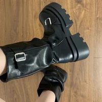 Bottes de motard vintage pour femme à plateforme épaisse, mi-mollet, style décontracté, en cuir mat avec boucle 6