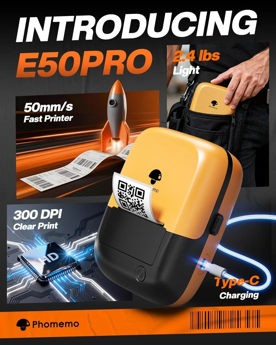 2인치 휴대용 산업용 라벨 프린터 포모모 블루투스 라벨 메이커 E50 모바일 앱 및 PC 지원 2600mAh 충전식 배터리