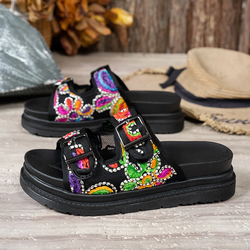 Women's Mix Color Chunky Platform Slippers Fashion Flowers Non-Slip Sandals Buckle Soft Thick Bottom Casual Slides