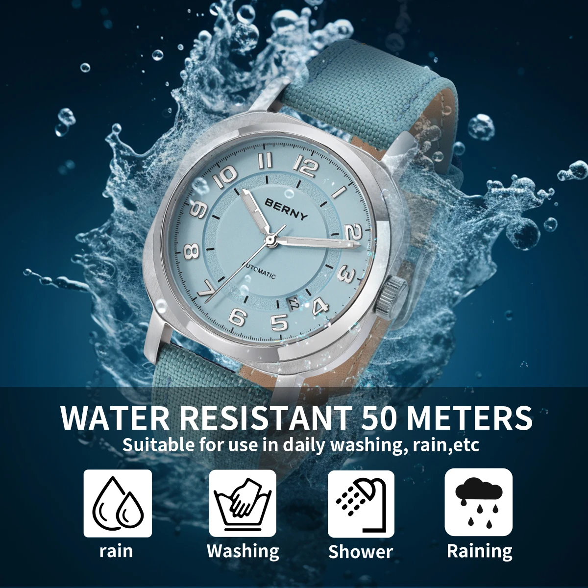 BERNY Mechanical Watch for Women Self-wind Pillow Cushion Sapphire Super Luminous Wristwatch Canvas Calendar Watch for Ladies 5