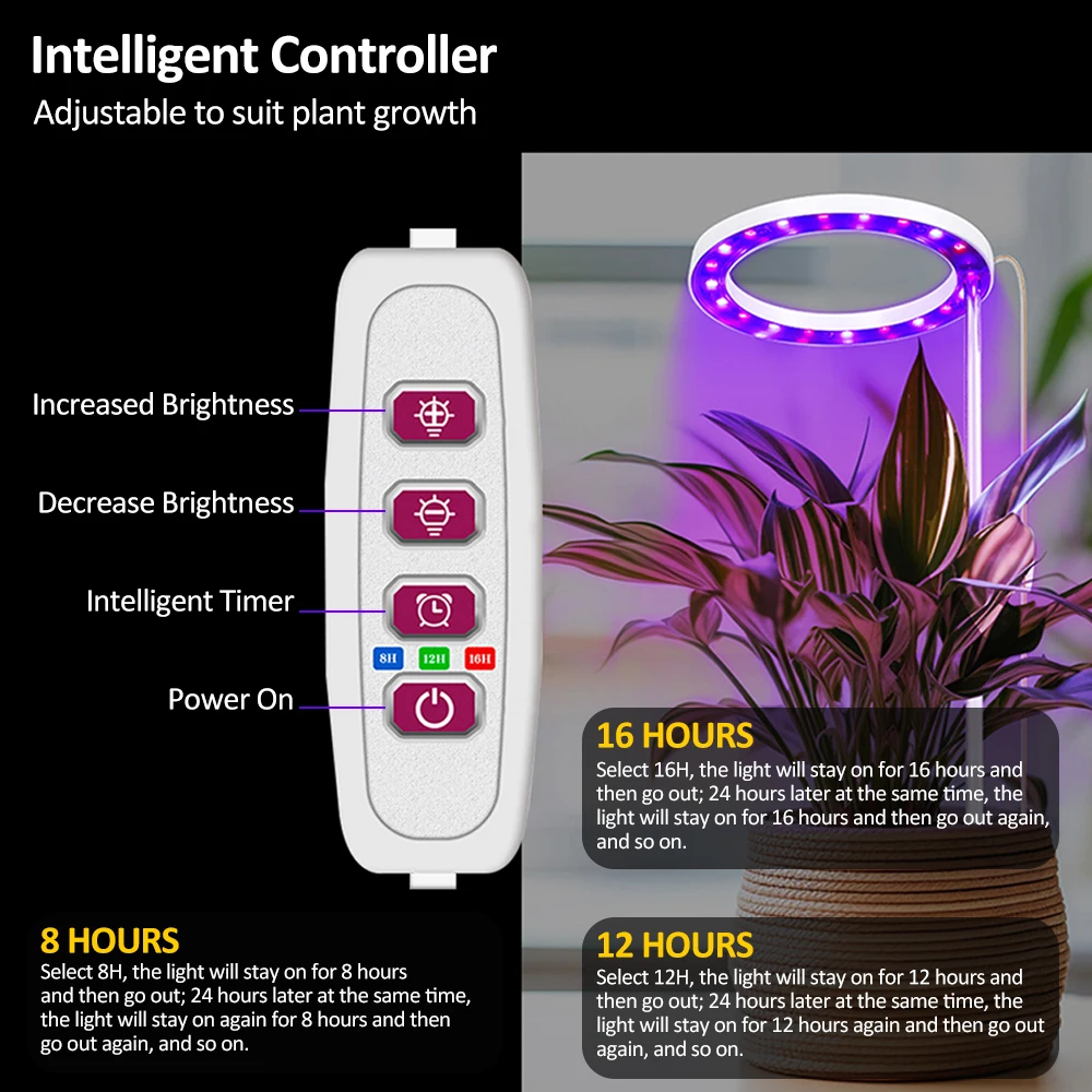 LED Grow Lights Full Spectrum Plant Lamp with 20 LEDs 8H/12H/16H Timer 5 Dimmable Levels Height Adjustable USB Angel Ring Lamp
