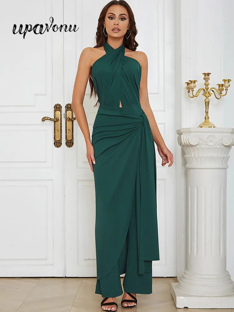 

Fashion Women's Jumpsuit Hanging Neck Lace up Sleeveless Loose Flare Jumpsuit&Lace up Panel Panel Jumpsuit Suits 2023 New