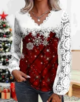 Plus size women's lace lantern sleeves Christmas T-shirt plus size lace lace stitching V-neck Christmas print T-shirt