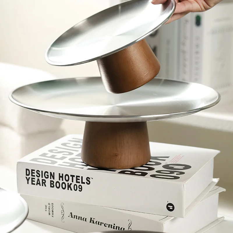 Stainless Steel Cake Tray Wooden Base Korean Style Fruit Display Plate Dessert Plate Dining Table Home Decoration Ornaments