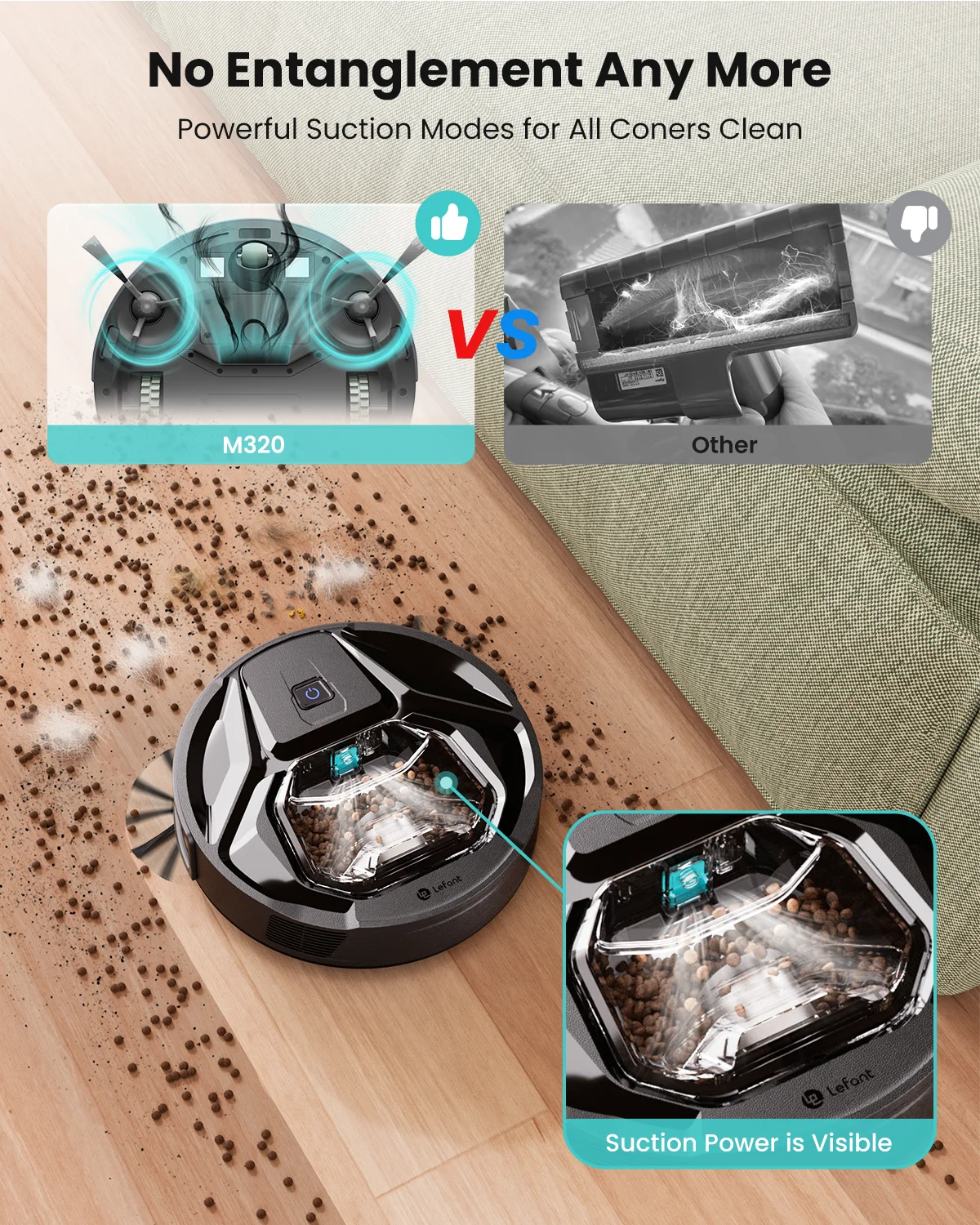 Lefant M320 6000Pa Powerful Suction Robot Vacuum Cleaner with Mop ,210 Mins Runtime,800ML Visible Dustbin,Carpet Detection 2