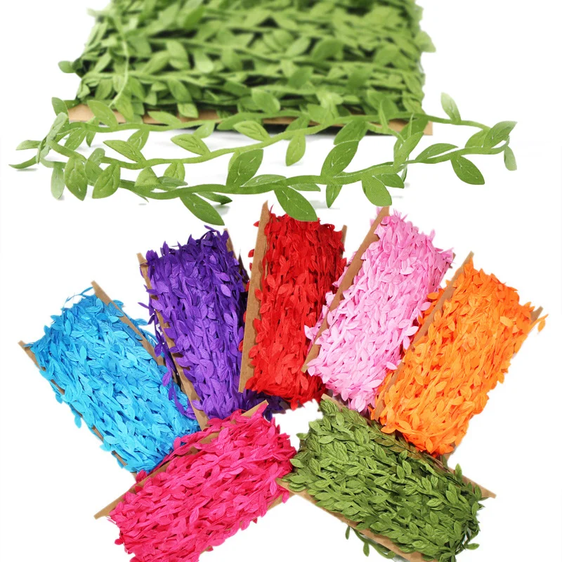 3 Rolls Artificial Leaf Plant Ribbons, Green/Gold/Silver Leaf
