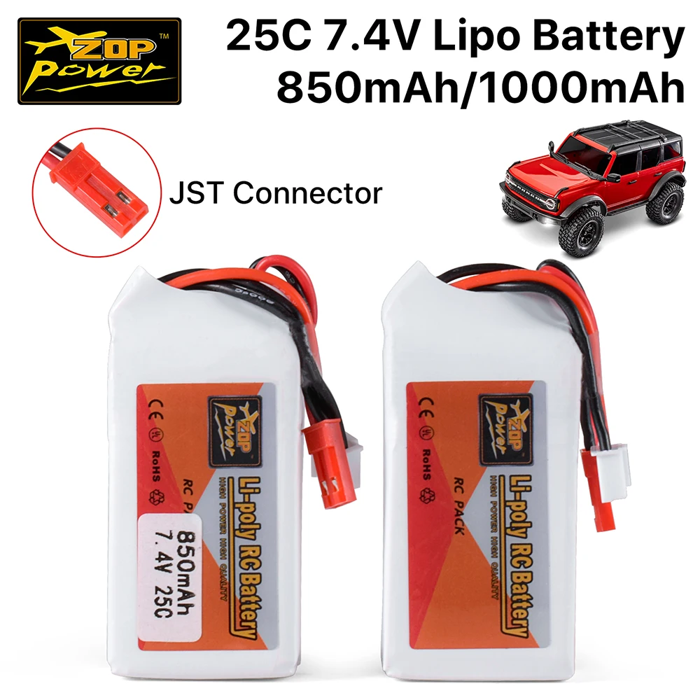 

ZOP Power 7.4V Lipo Battery 850/1000mAh 25C Lipos with JST Connector for TRX4M RC Car Trucks Boat Helicopter Drone FPV Parts