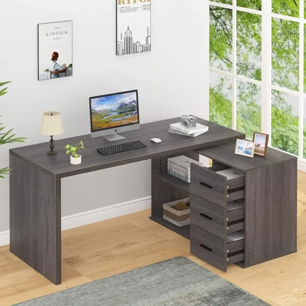 L Shaped Desk with Drawers, Shape Computer Storage Cabinet Shelves, Reversible Modern Industrial Home Office Corner Desk amen corner bend me shape 2 cd