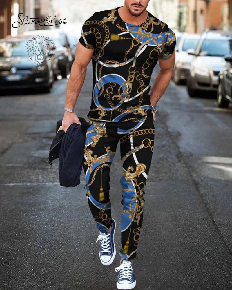 2023 Men's Clothes Outfits Fashion Printing Trend Joggers Men's Street Casual Short Sleeve+Trousers Oversized Sweatpants Sets