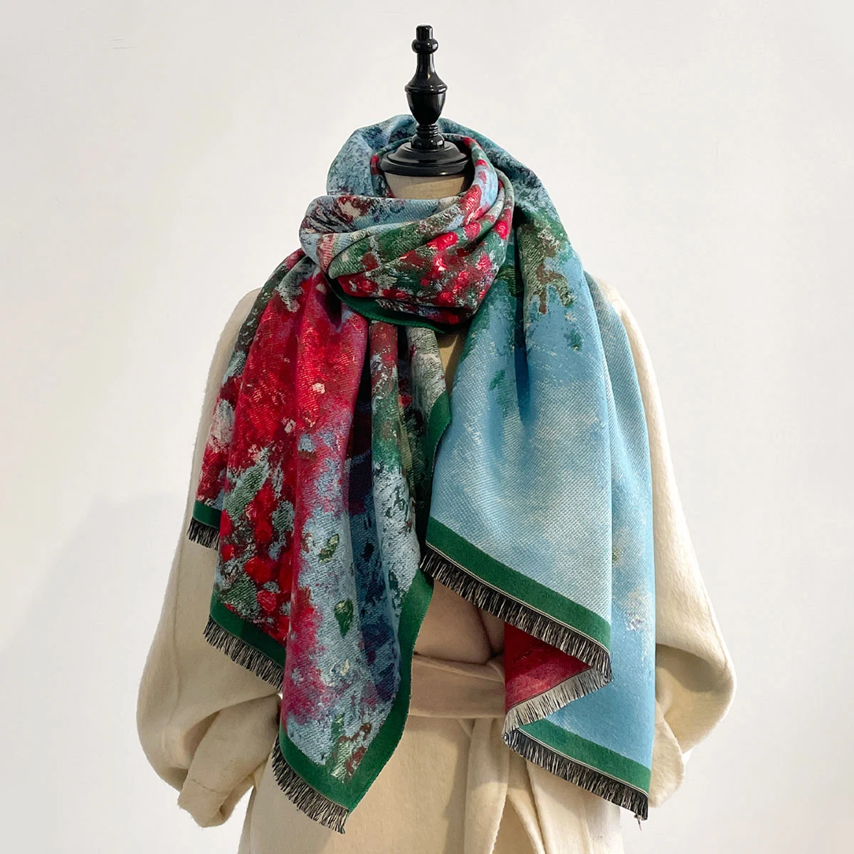 Luxury Winter Cashmere Double-sided Design Scarf Women Warm Pashmina Blanket Poncho Scarves Female Oil painting Shawl Bufanda