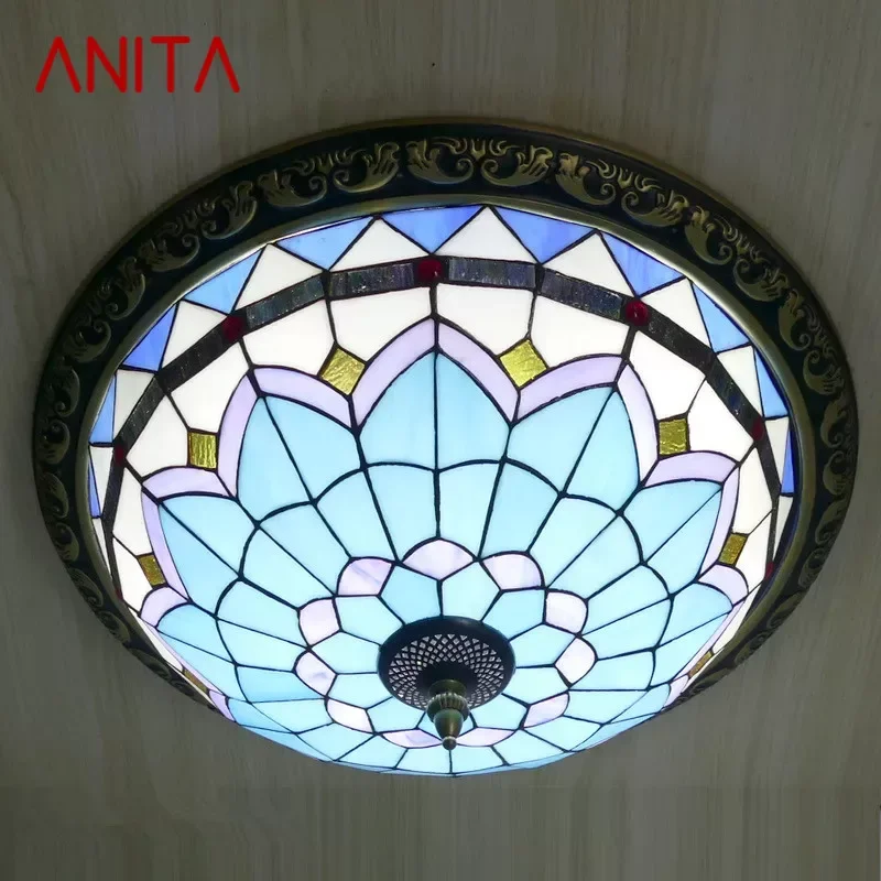 

Потолок ANITA Tiffany светильник американская сельская комната спальня школа Современная креативная барная стойка коридор цветной стеклянный потолок