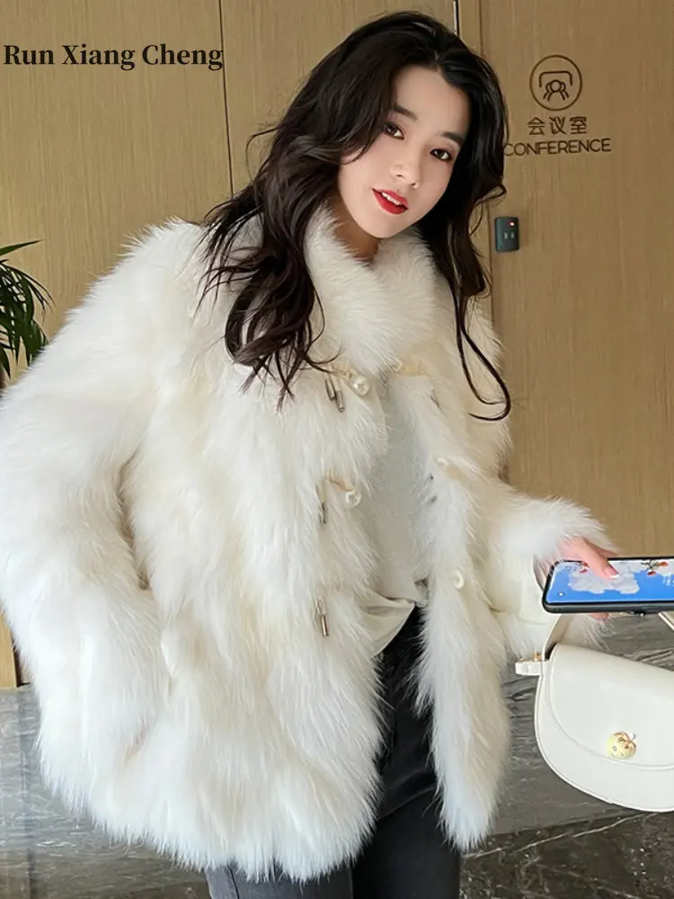 Women's Winter Coat 2023 New Faux Fox Fur Coat Luxury Designer Oversize Short Elegant Stand Collar Fashion Fluffy Plush Jacket