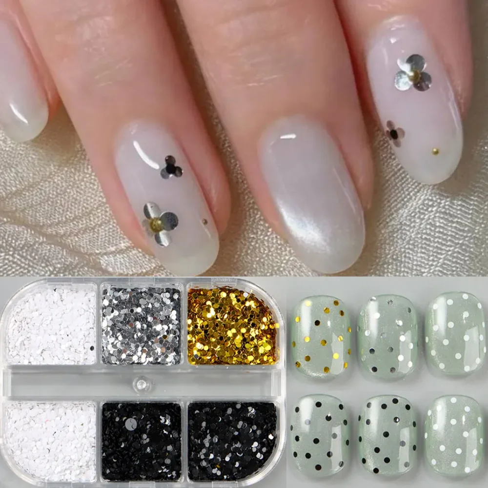 1 Box of 6 Grids 3D Mini Round Nail Sequin Kawaii Korean Black Dot Nail Art Flake Y2K Golden Silvery Shinny Charms Accessories