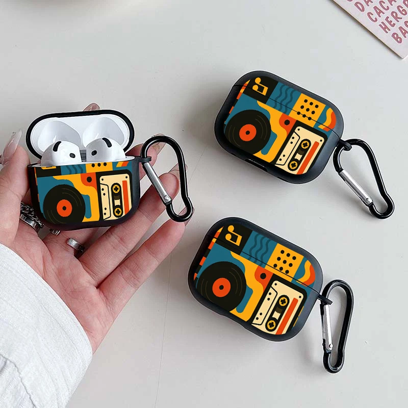 Chic Retro Music Pattern Earbuds Case with Keychain - TPU Protective Cover