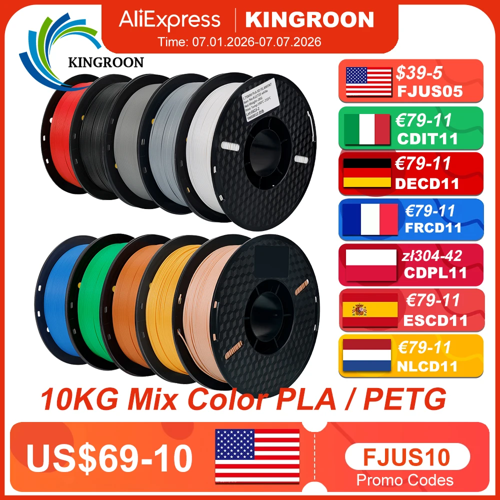 KINGROON 22LBS PETG o filamento PLA filamento de impresora 3D 10 rollos 1KG 1,75 MM respetuoso con el medio ambiente buena dureza mezcla de colores envío gratis