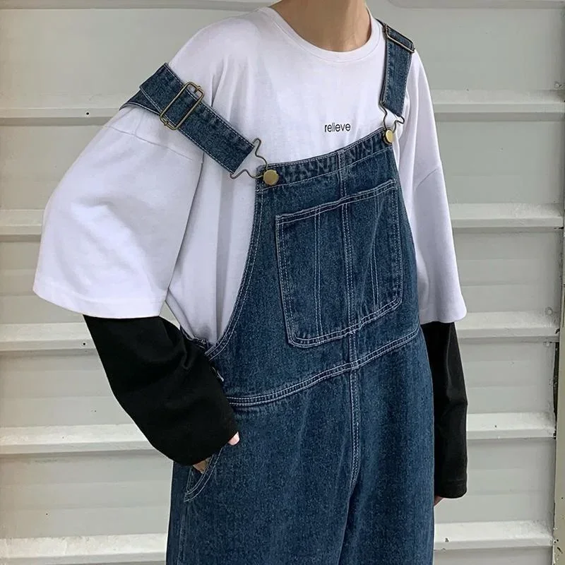 한국어 느슨한 데님 오버올 여성 봄 가을 스트레이트 와이드 레그 청바지 빈티지 멜빵 Maxi Baggy Jumpsuits 남성 여성 S-5XL