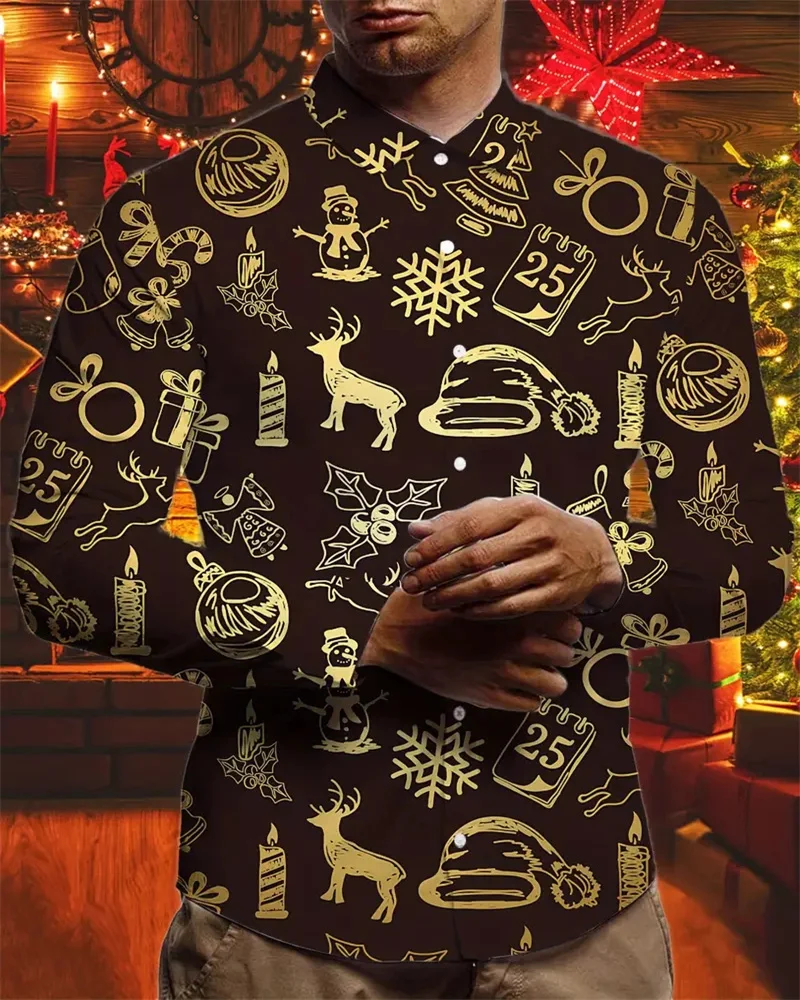 2023 Men's Christmas Christmas Themed 3D Printed Christmas Shirt Casual Lapel Single Breasted Long Sleeve Top New Year Gift 6XL fun christmas themed 3d printed men s shirts casual long sleeve streetwear tops unisex holiday party chic hawaiian shirts tops