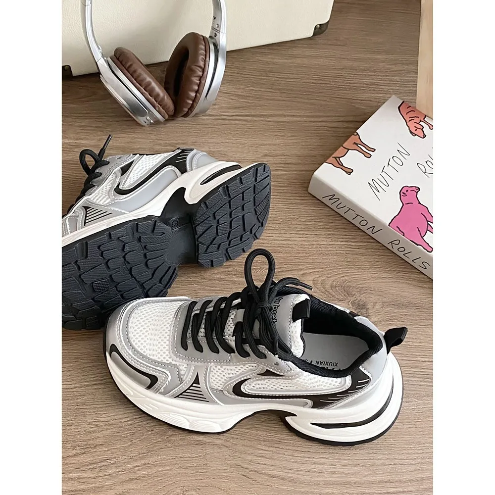 2024 Spring New Leather Breathable Women Casual Shoes Silver Mesh Thick Sole Soft Sole Ultra Light Sports Running Shoes 24-139