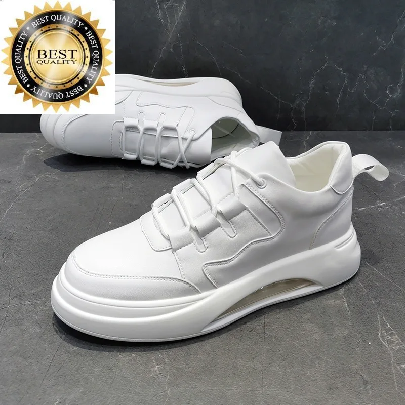 

casual Korean design white mens shoes lace-up original leather flats shoe air cushion sneakers street style platform footwear