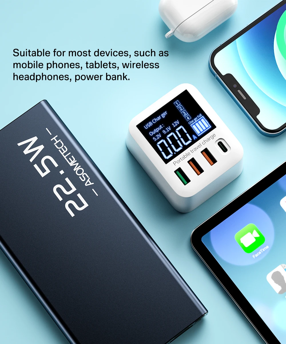 Asometech 40w usb wand ladegerät 4 port mit led-anzeige qc 3,0 pd 3,0 usb schnell ladegerät für iphone 14 huawei xiaomi samsung – Detail 9