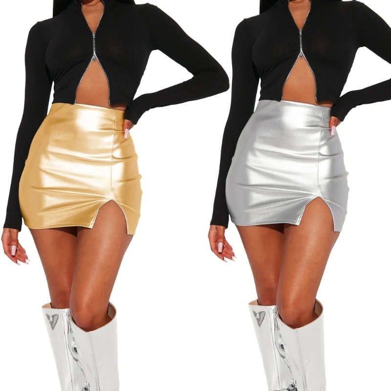 

Women Sexy Glitter Metallic PU Leather Mini Skirt Girls Sparkly Stretchy Bodycon Side Split Package Hip Party Club Pencil Skirts