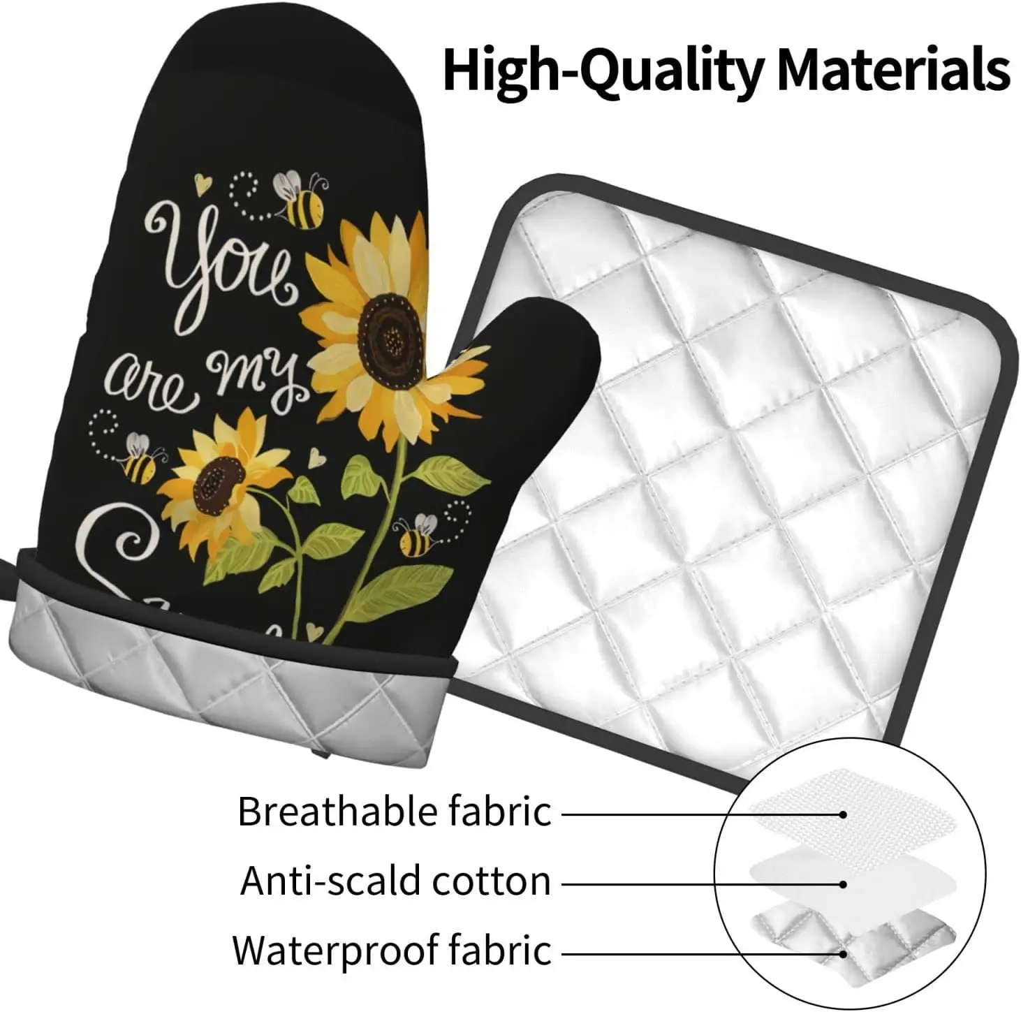 You are My Sunshine Sunflower Oven Mitts and Pot Holders Sets of 2 Heat Resistant Kitchen Microwave Gloves Non-Slip Pot Pads