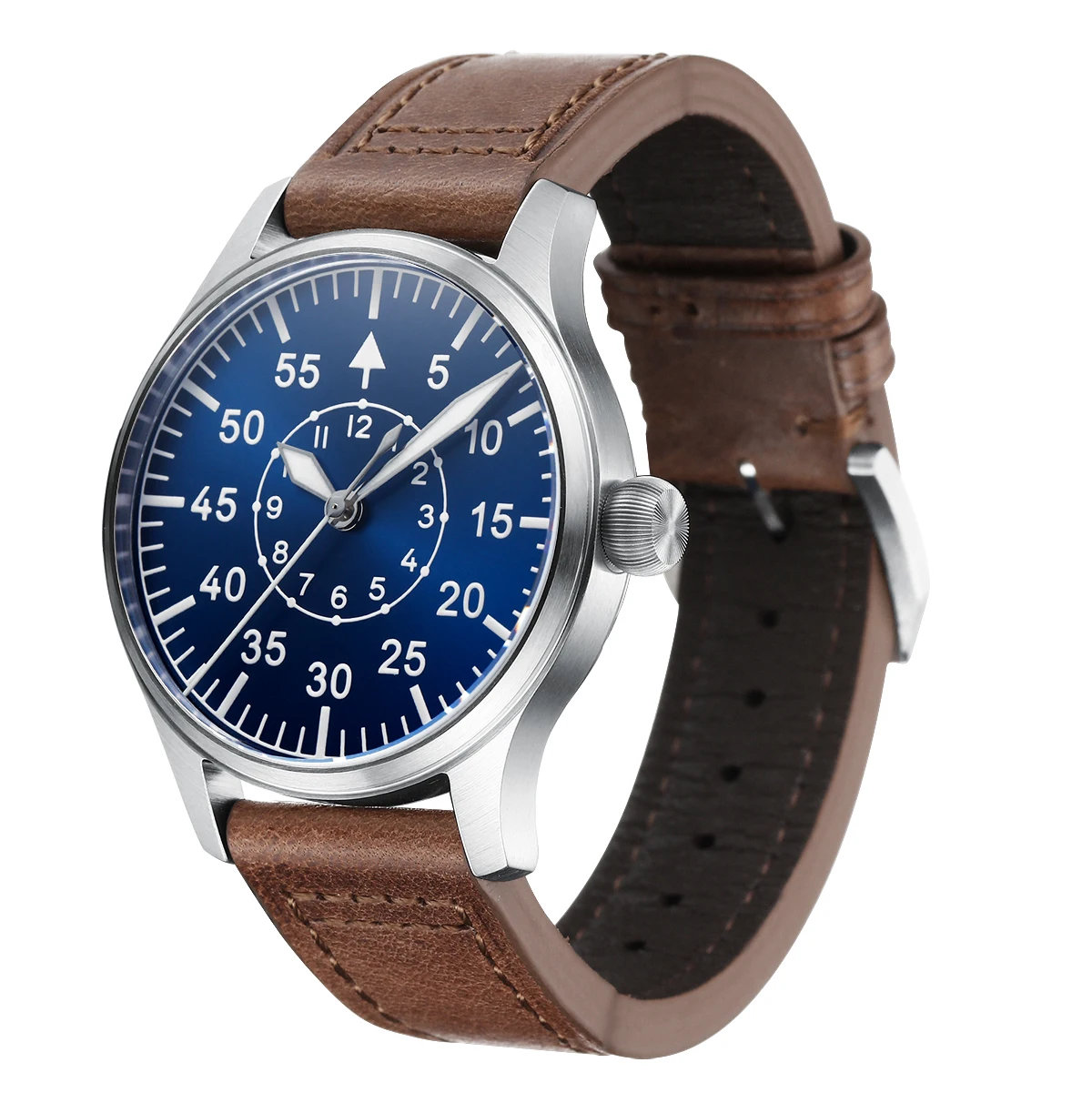 Pilot Automatic Watch With Super BGW9 Luminous Dial Stainless Steel Case  Sapphire Crystal High Grade Genuine Leather Strap
