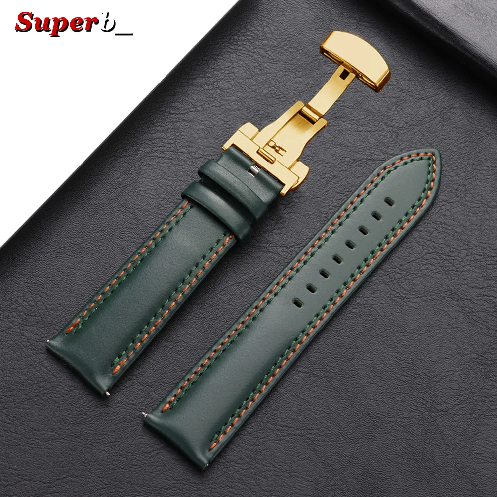 Premium Genuine Calfskin Leather Watch Strap with Butterfly Buckle and Dual Stitching