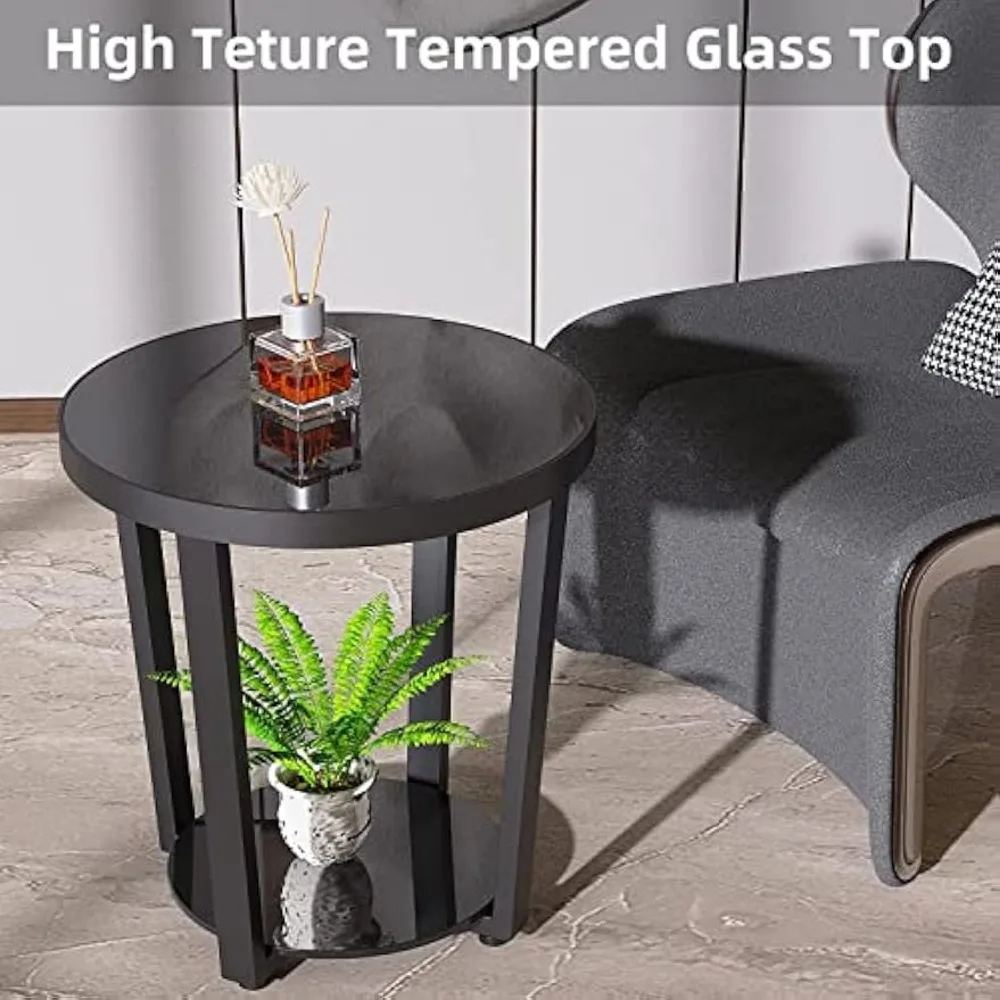 Round End Table, Tempered Glass End Table with Metal Frame, Small Coffee Table, Black Sofa Side Table for Living Room, Balcony 4