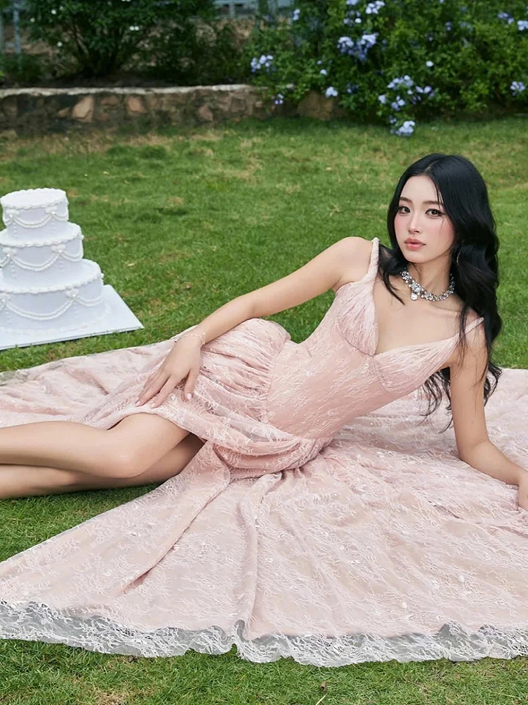 Nibber Chic Gown Dress Women Strap Jacquard Patchwork Valentine's Day Sweet Princess Elegant Birthday Party Slim Slit Vestidos