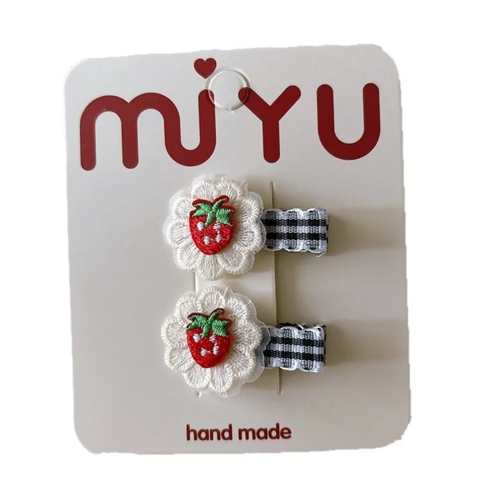 2pcs Headwear Black White Plaid Hair Clips Strawberry Cherry Embroidery Cute Sweet Hairpin BB Clip for Children