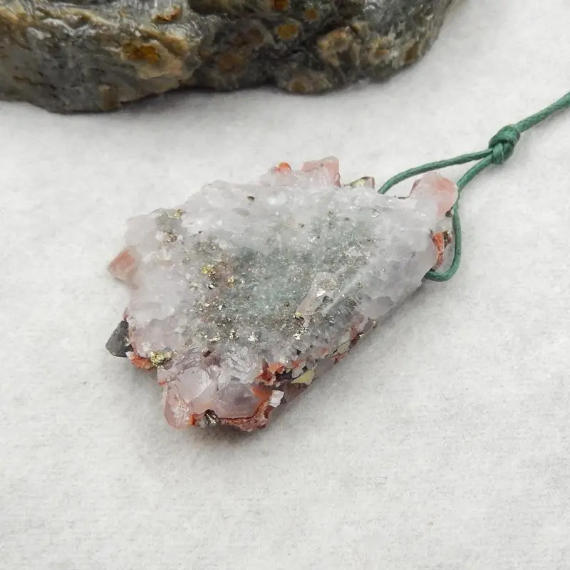 Natural Stone Drusy White Quartz With  Pyrite Gemstone Fashion Necklace Accessories Pendant Bead 45x30x11mm 20g