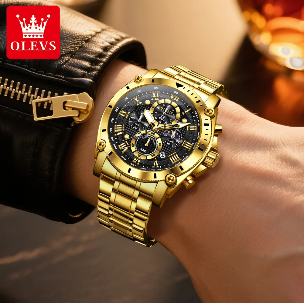 OLEVS 3689 Men's Watch Roman Scale Luxury Quartz Watch For Men Big Dial Moon Phase Date Waterproof Luminous Male Wristwatch