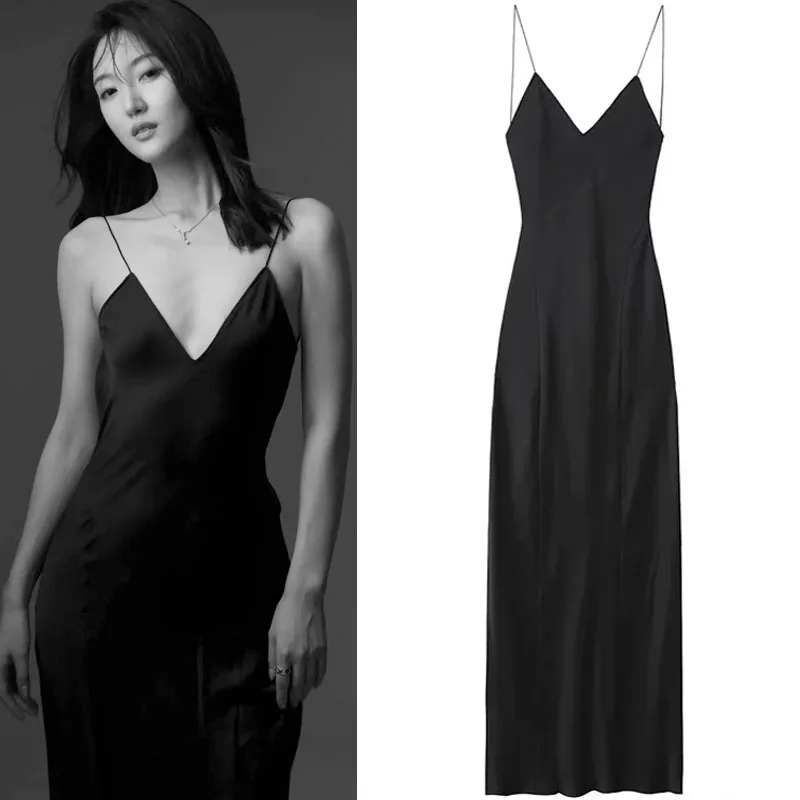 

TRAF Floor-Length Satin Slip Dress For Woman Sexy Party V-Neck Thin Strap Long Dresses Lady Elegant Sleeveless Backless Vestidos