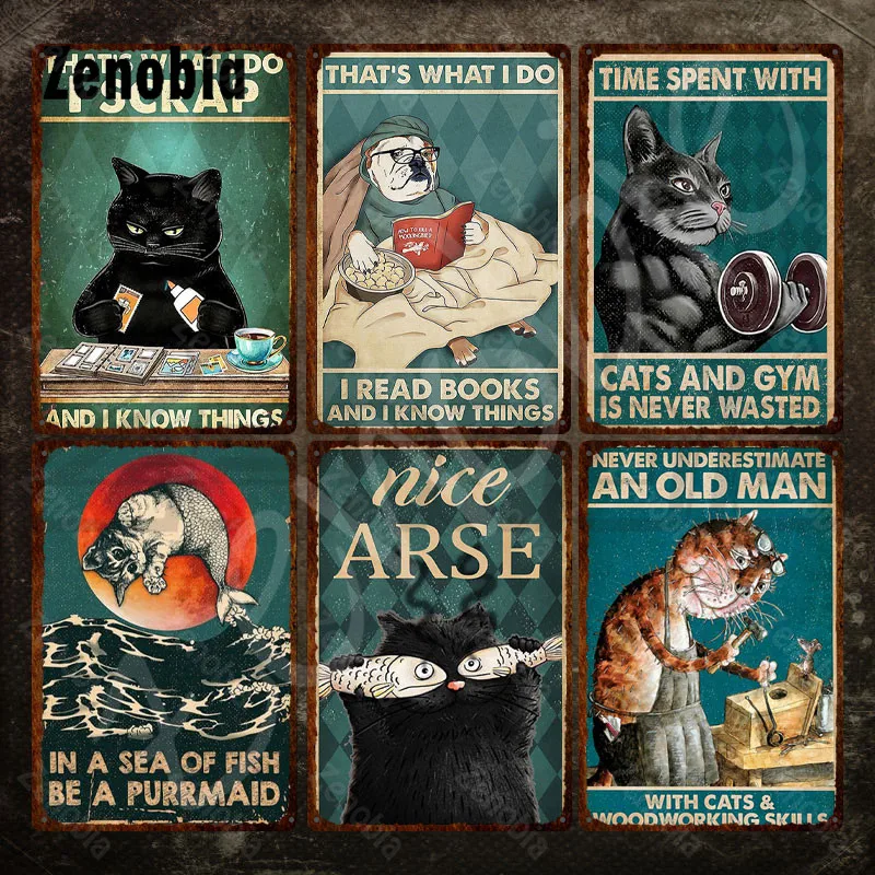 

Жестяные знаки с забавными черными кошками, милые животные с текстом, винтажные жестяные знаки, металлическая пластина для кошек и собак, же...