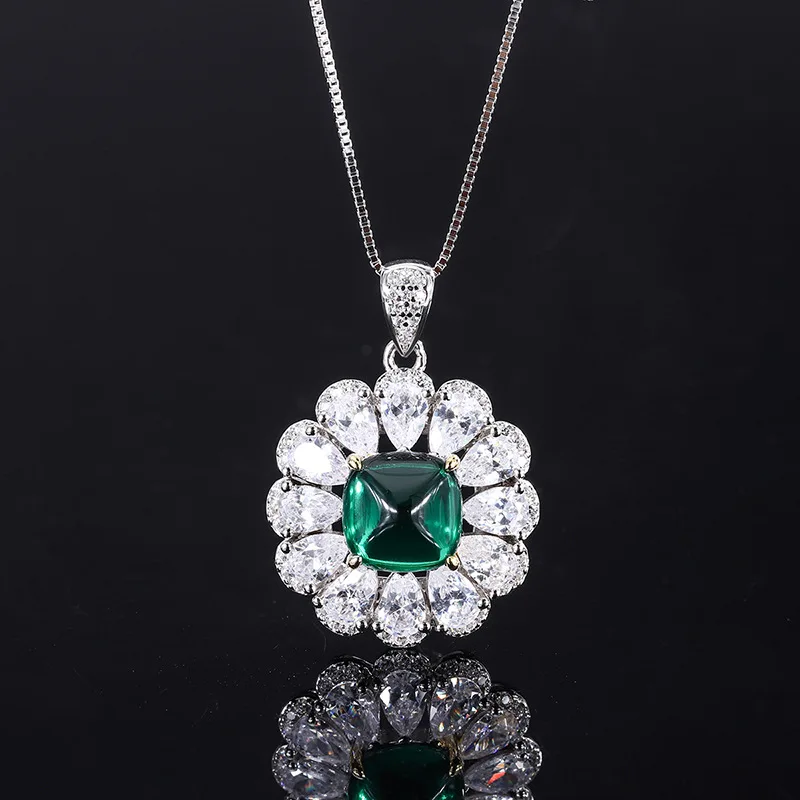 

New fashion trend S925 silver inlaid 5A zircon emerald sugar tower full of diamond pendant ring earrings set