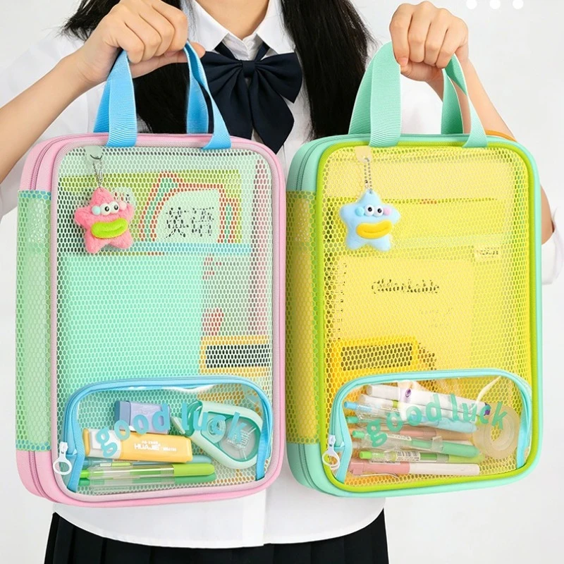 Sac à main en maille transparente à 3 couches, couleur Dopamine, grande capacité, sac de cours pour étudiants, sac de rangement léger et portable