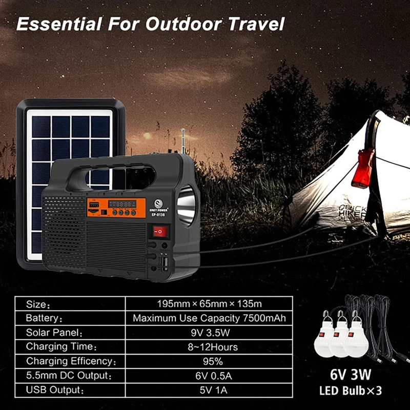 Outdoor Portable Flashlight Lamp with Solar Panel Solar Energy Systems+3pcs LED Bulbs Small System Energy Storage Power Supply