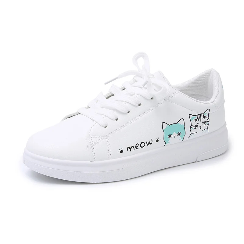 Women Sneakers Fashion Breathble Vulcanized Shoes Pu Cute Cat Cartoon Lace Up Casual White Women Shoes Zapatos De Mujer Female - 4