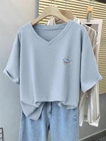 Plus Size 6XL 150KG Summer Women's Cartoon Cotton Short Sleeve T-shirt V Neck Lady Tops Big Large Size T Shirt Woman Clothing