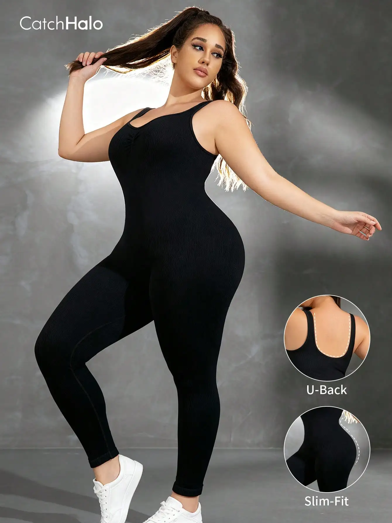 Combinaison de yoga sans coutures pour femme, grande taille — Dos nu, col en U, sans manches — Bodysuit gainant effet push-up fessier — Tenue de fitness et d'entraînement