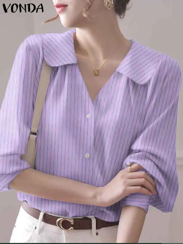 

VONDA Fashion Shirts Women Striped Blouse 2023 Sexy V Neck Long Sleeve Elegant Loose Buttons Loose Casual Tops Blusas Femininas