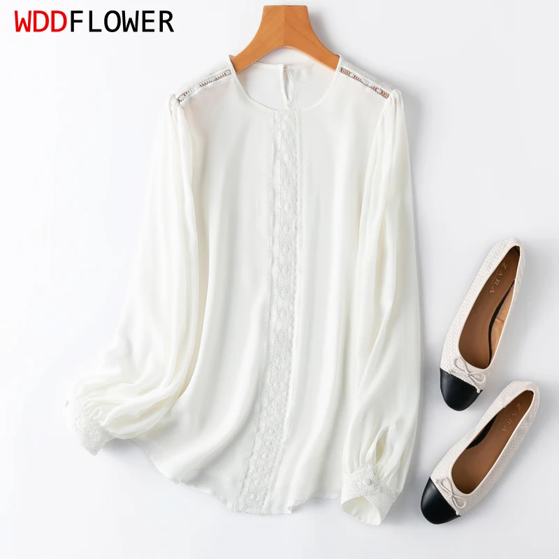 

Women Silk Blouse 100% Mulberry Silk Crepe Silk White Lace O Neck Buttons Down Long Sleeve Shirt Top office work L XL XXL M1017
