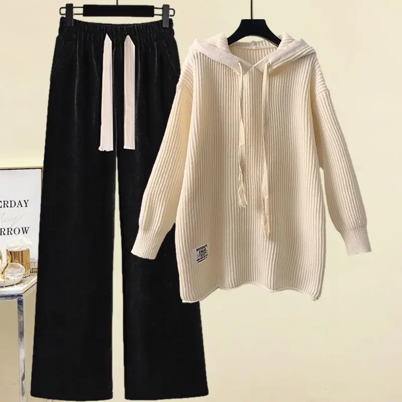 Winter Thickened Knitted Sweater Hoodie Lace Up Casual Wide Leg Pants Two Piece Elegant Women's Pants Set Student Sports Set