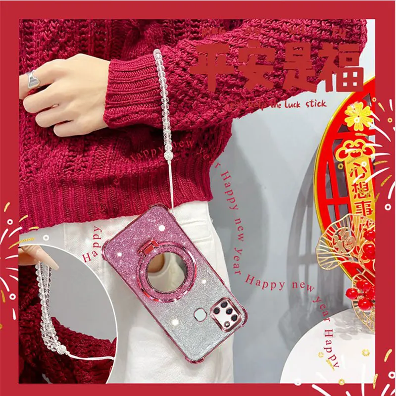 Glitter Four-Corner Shockproof Phone Case with Mirror Stand and Beaded Strap